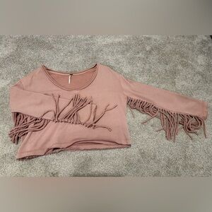 Free People Dusty Pink Fringe Crop Oversized Sweatshirt size XS